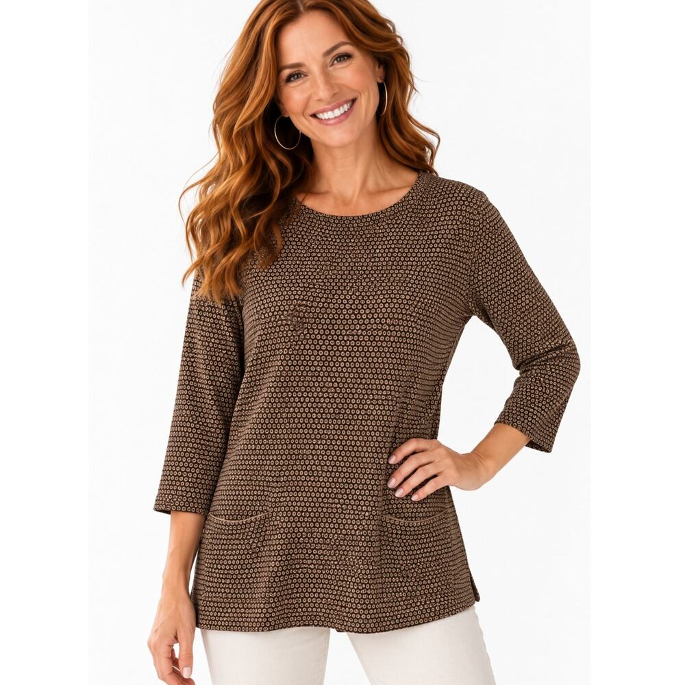 J. Jill Ponte Geo Print Top Womens Small Taupe Black 3/4 Sleeve Pocket Boatneck
